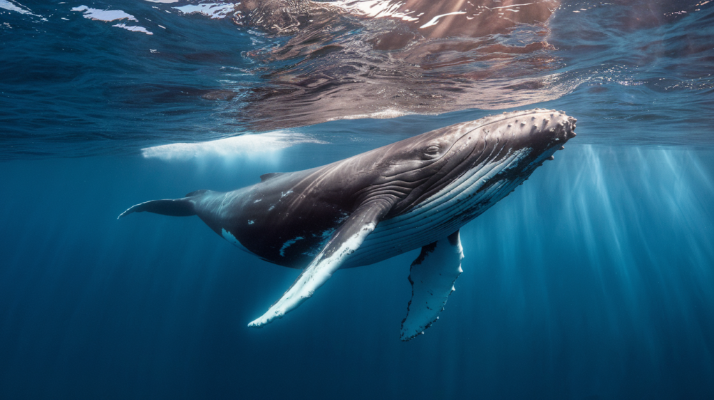 Baleine à bosse nageant seule dans les eaux turquoise de Tahiti, photographiée sous l'eau avec des rayons de soleil naturels