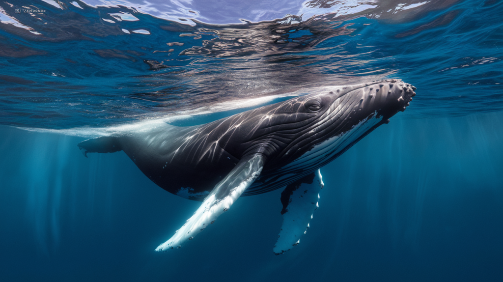 Baleine à bosse nageant dans les eaux turquoise de Tahiti lors de sa migration
