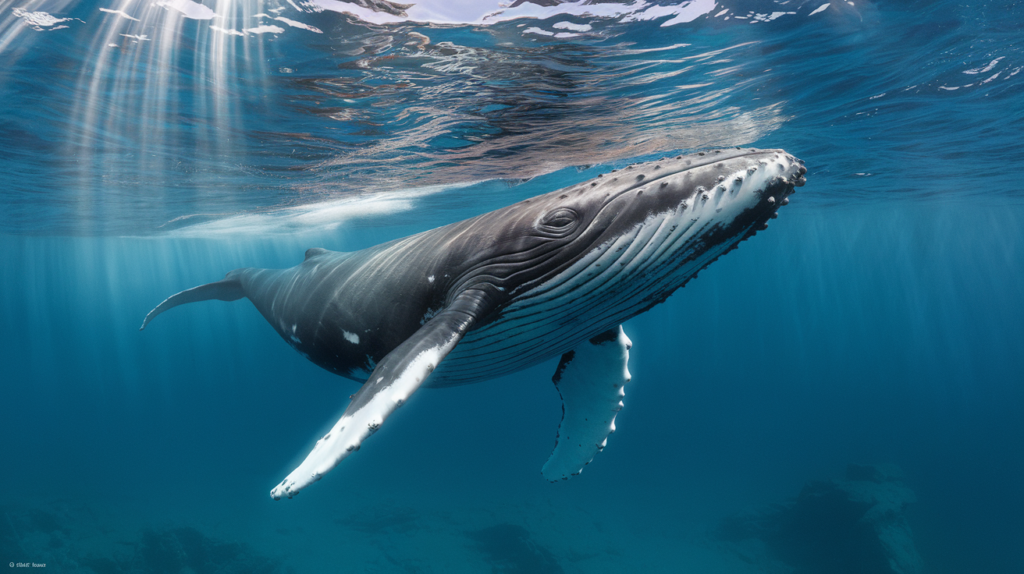 Baleine à bosse nageant dans les eaux turquoise de Tahiti, sanctuaire marin protégé de Polynésie française