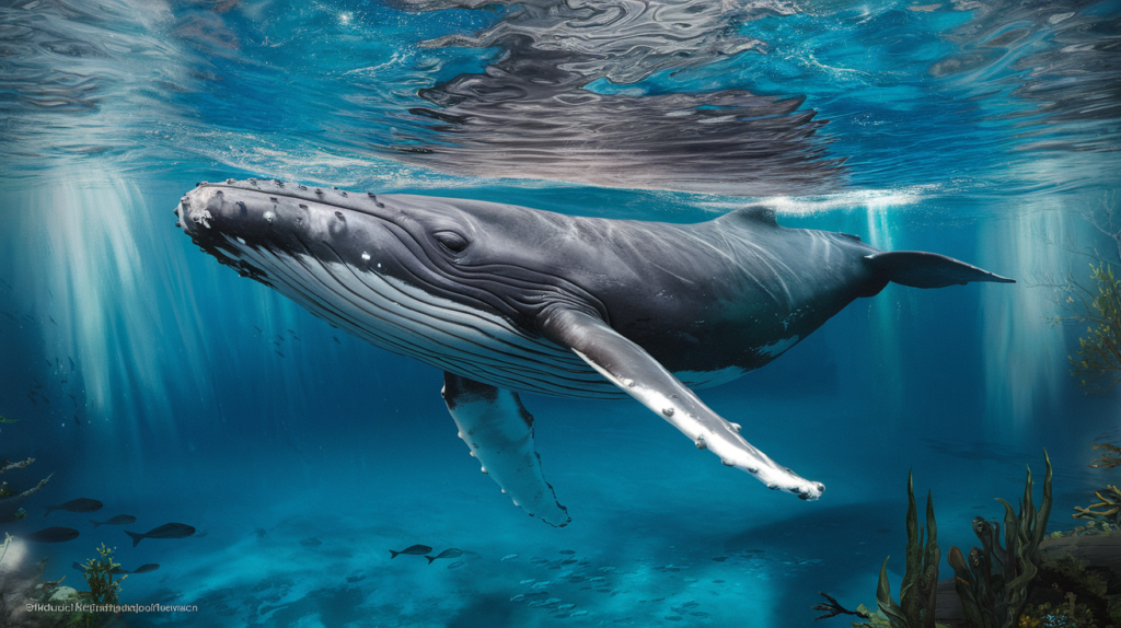 Baleine à bosse nageant seule sous l'eau dans les eaux tropicales claires de Tahiti