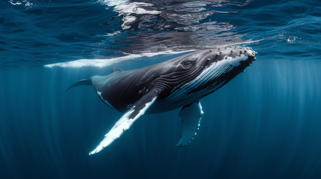Baleine à bosse nageant seule dans les eaux bleues profondes de l'océan, photographiée sous l'eau dans son environnement naturel