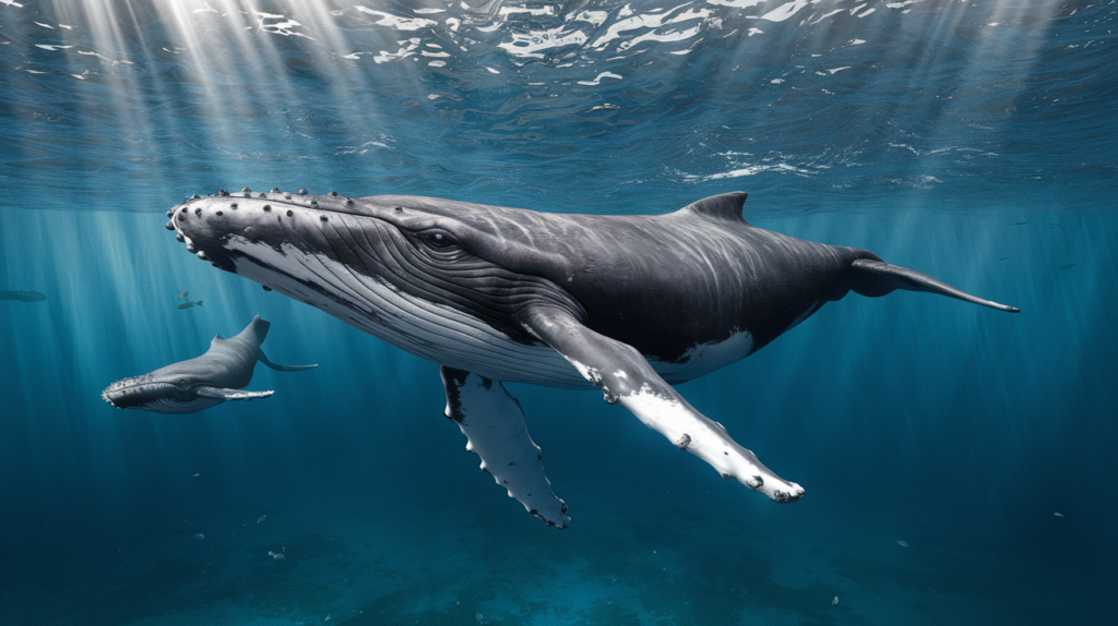 Baleine à bosse et son petit nageant dans les eaux tropicales bleues de Tahiti