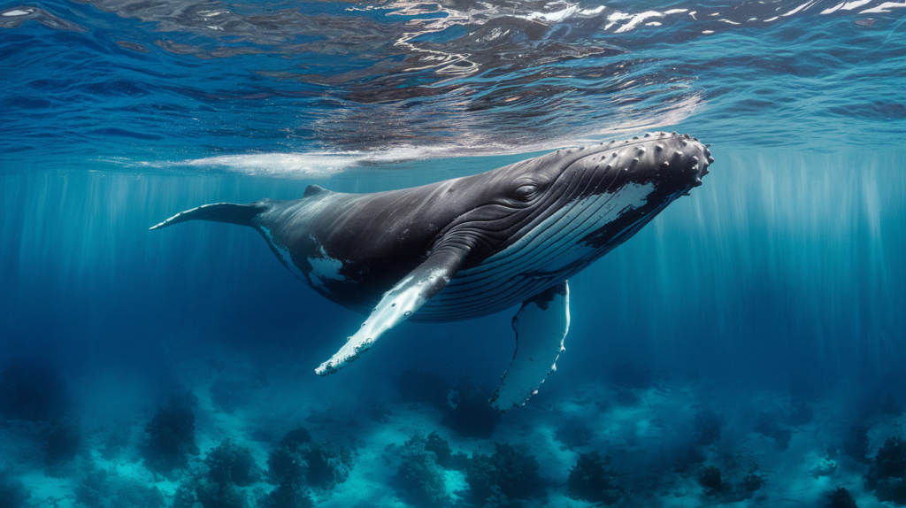 Baleine à bosse nageant seule dans les eaux tropicales claires de Tahiti, photographiée sous l'eau dans un style ultra-réaliste