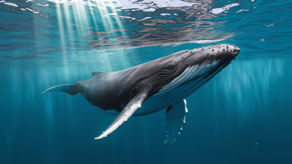 Baleine à bosse nageant seule sous l'eau dans les eaux tropicales claires de Tahiti