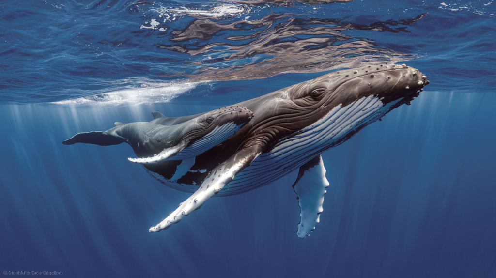 Maman baleine à bosse et son baleineau nageant ensemble sous l'eau dans l'océan de Tahiti