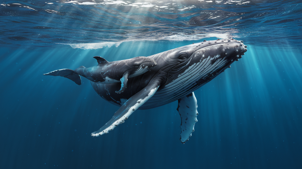 Baleine à bosse mère et son baleineau nageant ensemble dans les eaux bleues profondes du Pacifique, illustrant le lien maternel protecteur