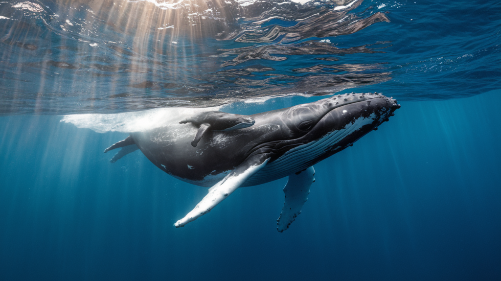 Baleine à bosse mère et son petit nageant ensemble dans les eaux tropicales claires de Tahiti