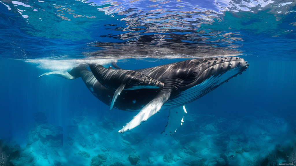 Baleine à bosse mère et son petit nageant sous l'eau dans les eaux cristallines de Tahiti