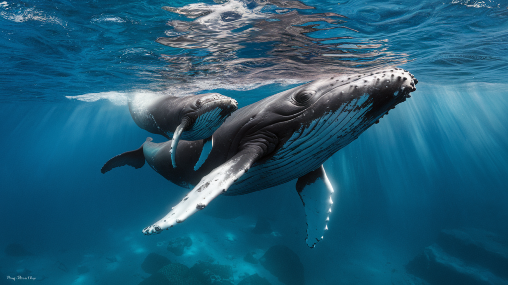 Baleine à bosse mère nageant avec son petit dans les eaux turquoise de Tahiti, photographie sous-marine réaliste