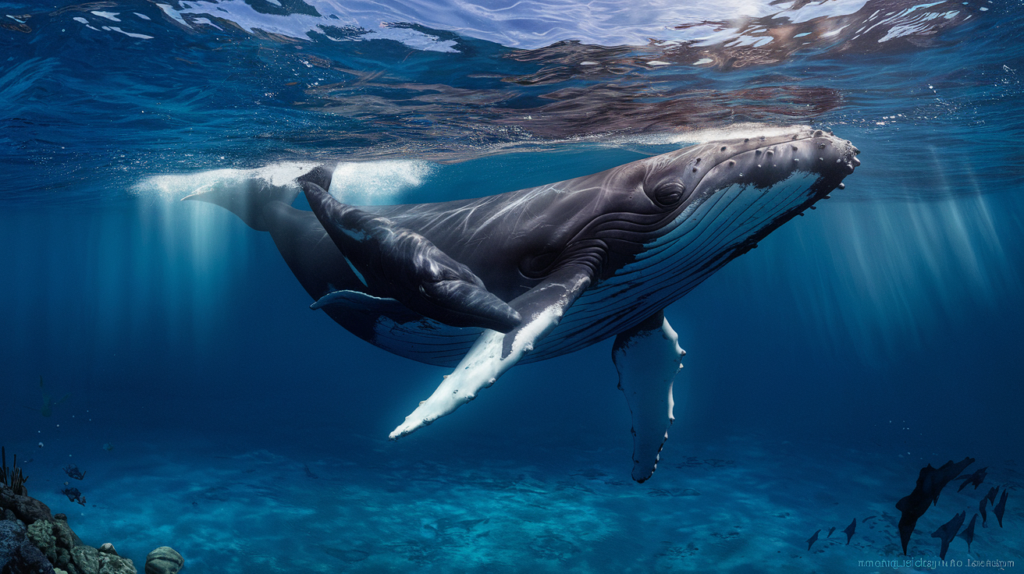Baleine à bosse mère et son petit nageant dans les eaux tropicales de Tahiti