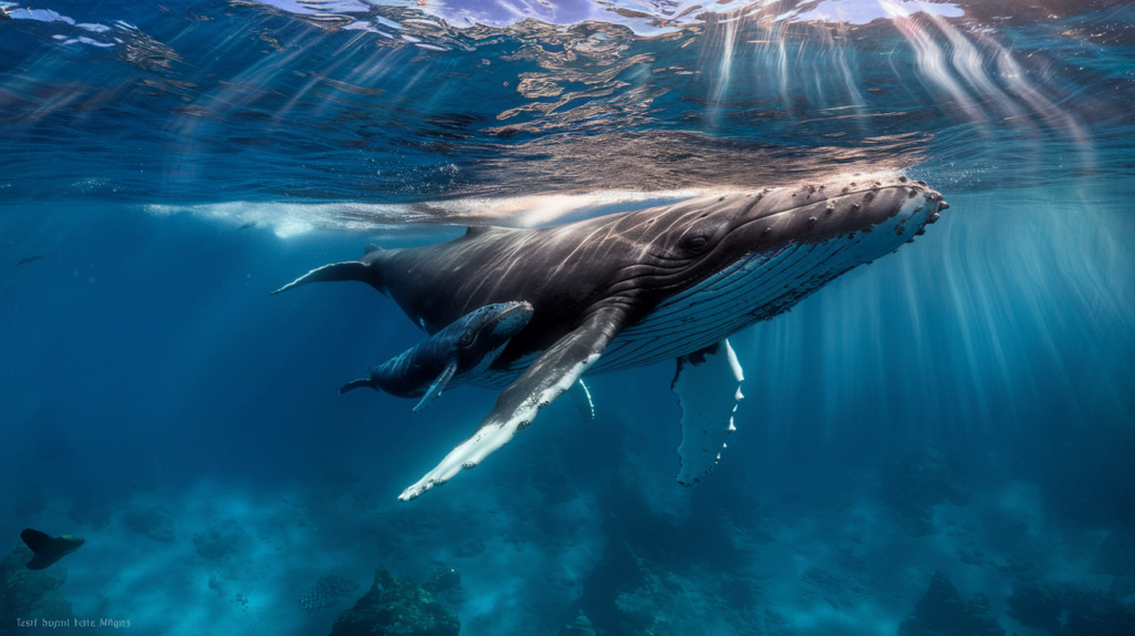 Baleine à bosse nageant avec son petit dans les eaux turquoise de Tahiti
