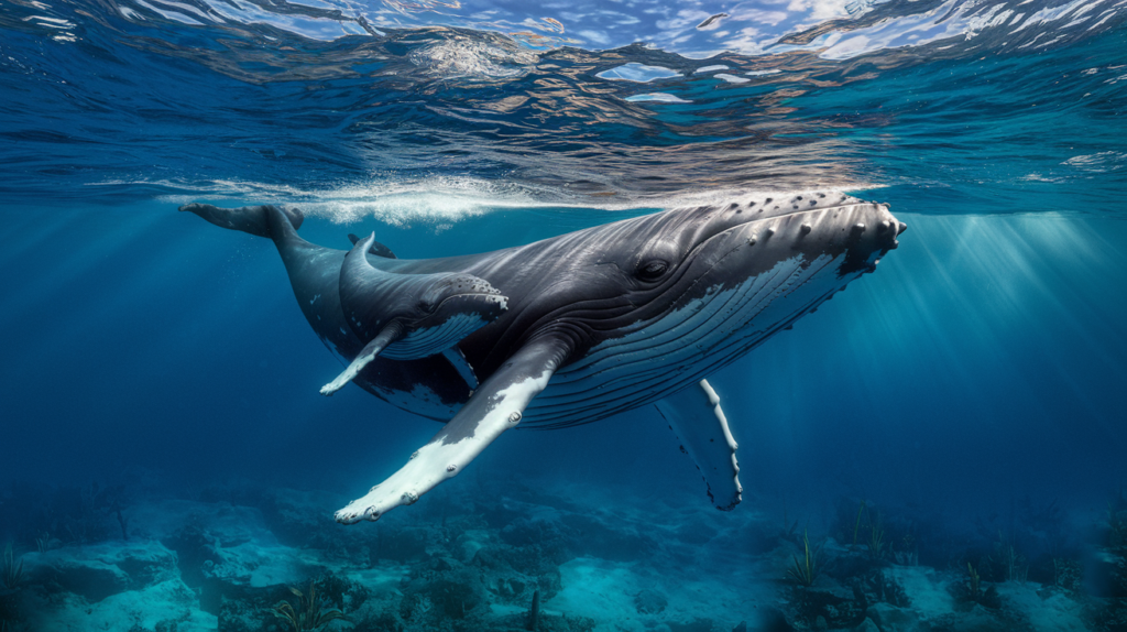 Photographie sous-marine d'une baleine à bosse adulte accompagnée de son bébé nageant dans les eaux turquoise de Polynésie française, montrant leur lien maternel dans un environnement aquatique préservé