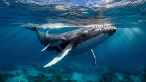 Photographie sous-marine d'une baleine à bosse adulte accompagnée de son bébé nageant dans les eaux turquoise de Polynésie française, montrant leur lien maternel dans un environnement aquatique préservé