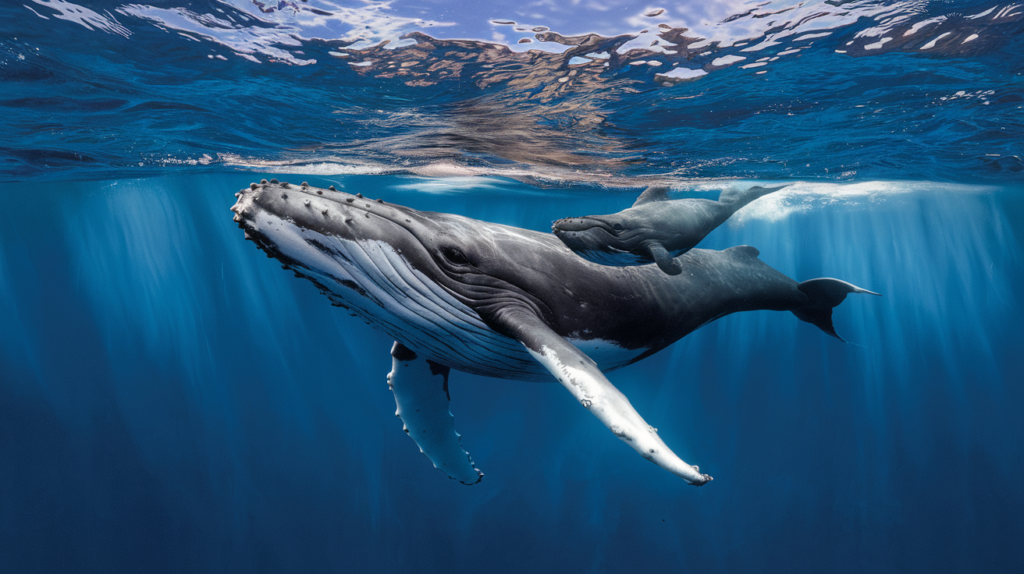 Baleine à bosse mère et son petit nageant ensemble dans les eaux bleues profondes, symbole de la protection nécessaire des cétacés en Polynésie française