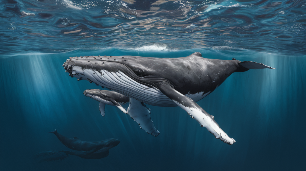 Baleine à bosse mère et son petit nageant ensemble dans les eaux bleues profondes de Tahiti, éclairés par des rayons de soleil sous-marins