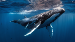Baleine à bosse mère nageant avec son petit dans les eaux tropicales bleues de Tahiti, photographie sous-marine réaliste