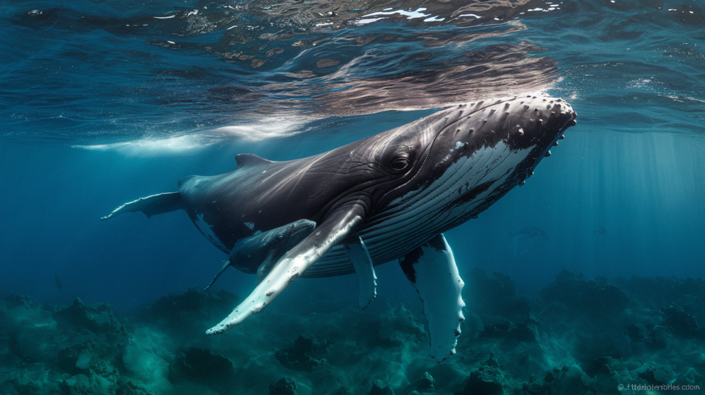 Baleine à bosse mère nageant avec son baleineau dans les eaux tropicales claires de Tahiti, montrant le lien maternel et la grâce de ces mammifères marins