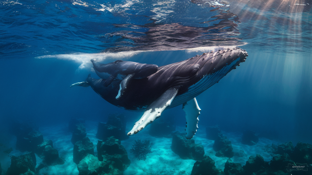 Baleine à bosse mère et son petit nageant ensemble dans les eaux turquoise de Tahiti