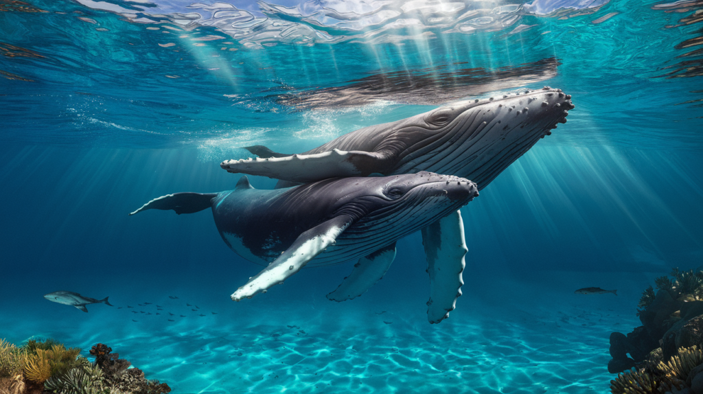 Baleine à bosse mère et son baleineau nageant ensemble sous l'eau dans les eaux turquoise de Tahiti
