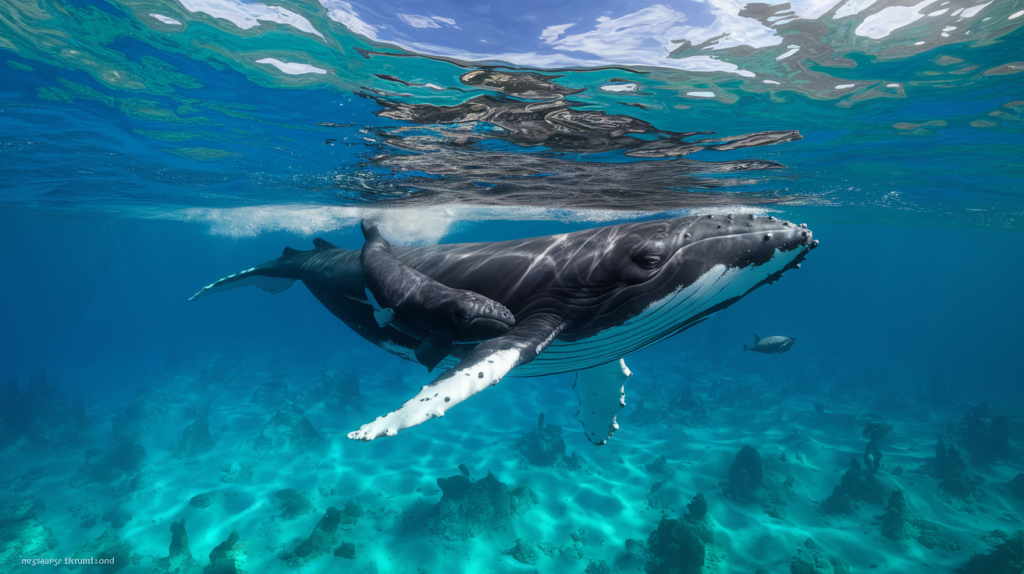 Baleine à bosse mère nageant avec son baleineau dans les eaux turquoise de Polynésie française, illustration de la protection nécessaire contre le harcèlement touristique