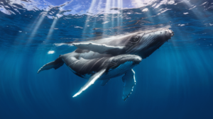 Baleine à bosse mère et son petit nageant sous l'eau dans des eaux tropicales cristallines avec des rayons de soleil filtrant depuis la surface