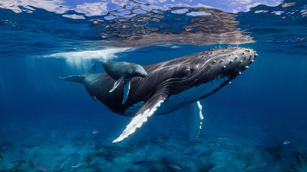Baleine à bosse mère nageant avec son petit dans les eaux bleues profondes de Polynésie française, image sous-marine réaliste illustrant l'importance du whale watching responsable
