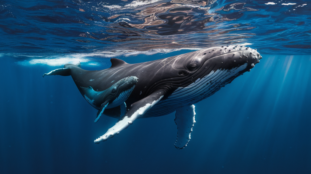 Baleine à bosse mère nageant avec son petit dans les eaux profondes bleues de Tahiti, photographie sous-marine ultra-réaliste illustrant l'importance du respect des distances minimales