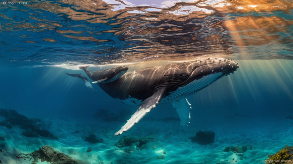 Baleine à bosse mère nageant avec son petit dans les eaux tropicales claires de Tahiti, photographie sous-marine ultra-réaliste