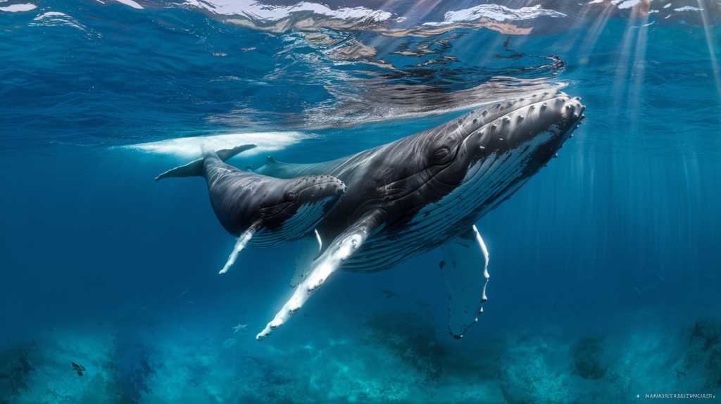 Maman baleine à bosse et son petit nageant ensemble sous l'eau dans les eaux turquoise de Tahiti