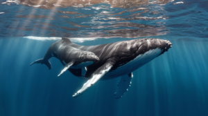 Baleine à bosse mère et son petit nageant ensemble sous l'eau dans les eaux turquoise de Tahiti
