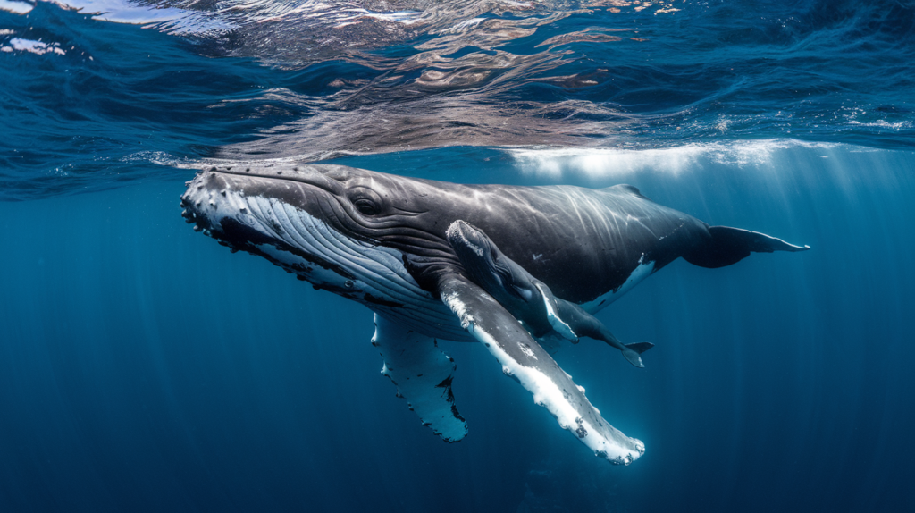 Baleine à bosse mère nageant avec son petit dans les eaux tropicales claires de Tahiti, sanctuaire de reproduction naturel