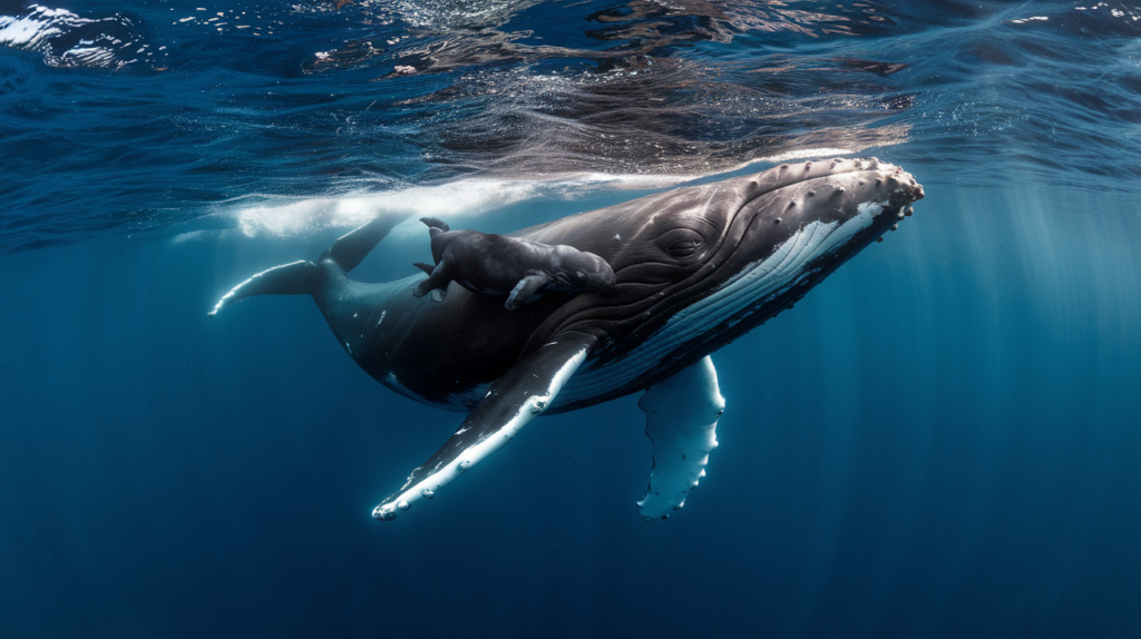 Baleine à bosse mère nageant avec son petit dans les eaux tropicales claires