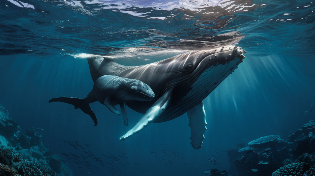 Baleine à bosse mère et son petit nageant ensemble sous l'eau dans un environnement marin paisible, illustrant l'importance du respect lors de l'observation des baleines