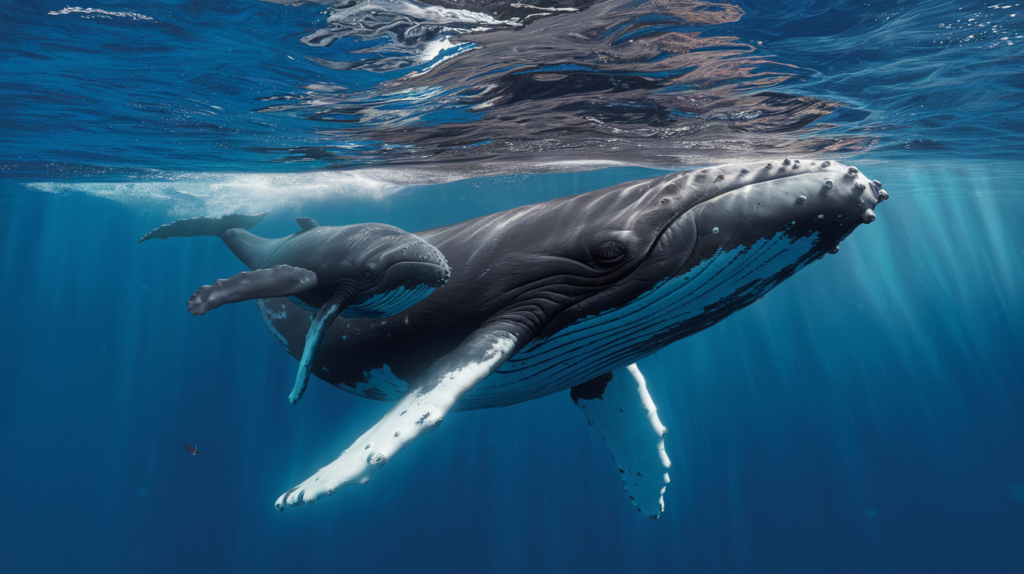 Baleine à bosse mère et son petit nageant ensemble sous l'eau dans un environnement naturel préservé