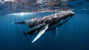 Baleine à bosse mère et son petit nageant ensemble dans les eaux bleues profondes de l'océan Pacifique