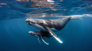 Baleine à bosse mère et son baleineau nageant ensemble dans les eaux turquoise transparentes de Tahiti, illustration du respect nécessaire pour ces mammifères marins protégés
