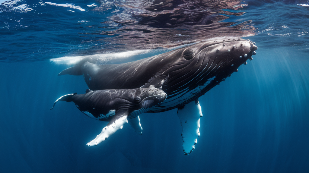 Baleine à bosse mère et son petit nageant ensemble dans les eaux cristallines de Tahiti