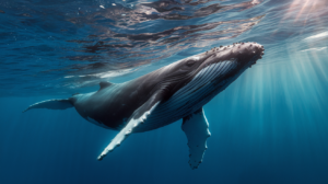 Baleine à bosse nageant dans les eaux cristallines de Tahiti avec des rayons de soleil filtrant à travers l'eau