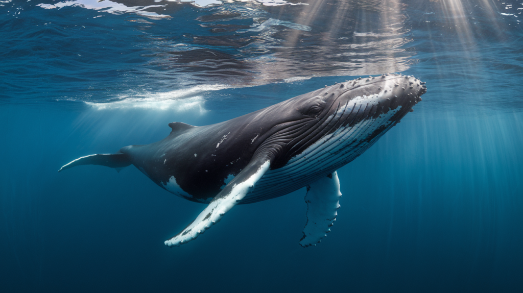 Baleine à bosse nageant seule dans des eaux tropicales cristallines avec des rayons de soleil filtrant dans l'eau bleue profonde