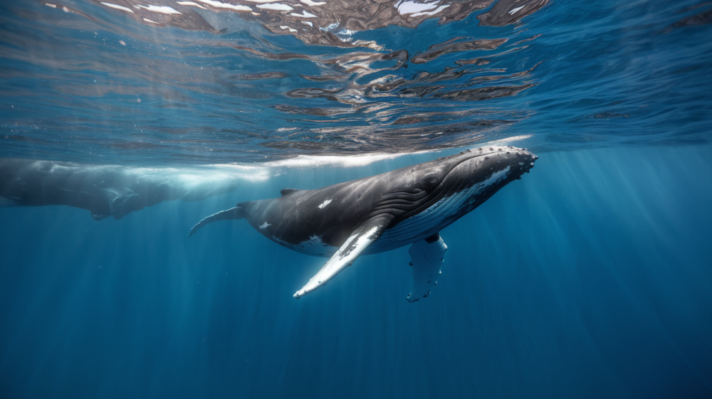 Baleine à bosse nageant seule ou avec son petit dans les eaux cristallines tropicales de Tahiti