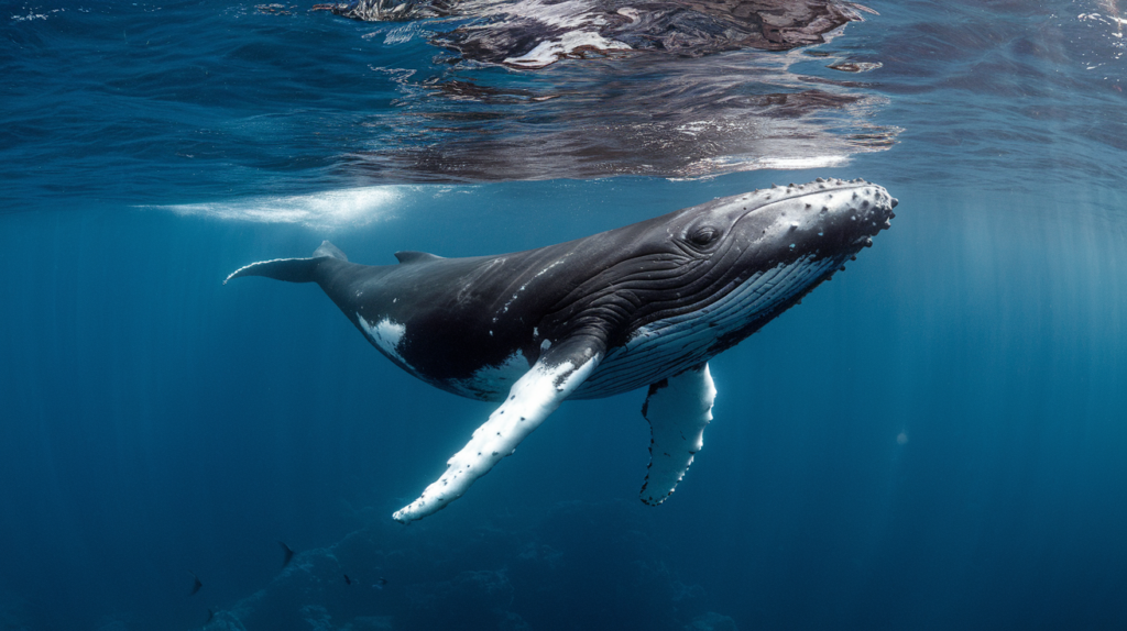 Baleine à bosse nageant seule dans les eaux bleues cristallines de Tahiti, photographie sous-marine réaliste