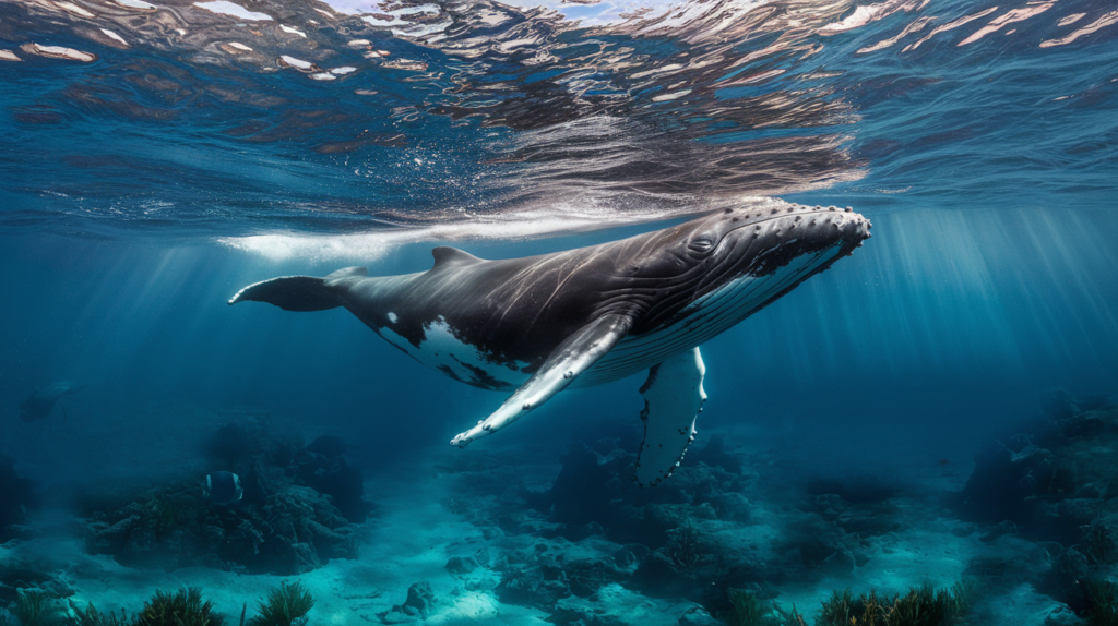 Baleine à bosse nageant sous l'eau dans les eaux cristallines de Tahiti avec des rayons de soleil filtrant à travers l'eau