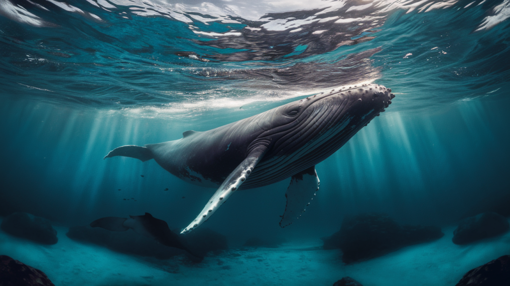 Baleine à bosse nageant sous l'eau dans les eaux cristallines de Tahiti, avec des rayons de soleil filtrant à travers l'eau