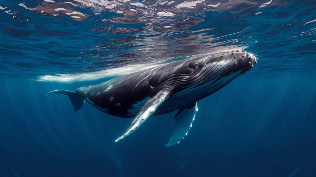 Baleine à bosse nageant seule dans les eaux bleues transparentes de l'océan Pacifique près de Tahiti