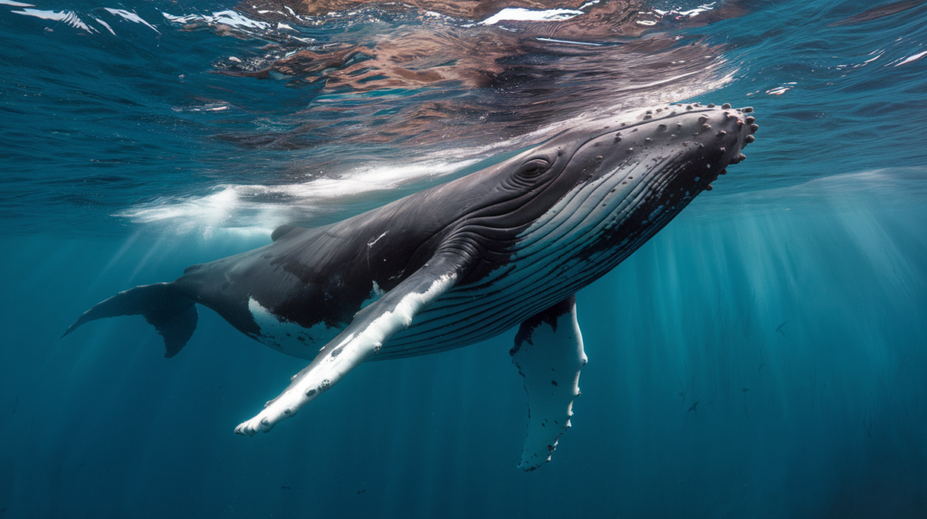 Baleine à bosse nageant seule sous l'eau dans un environnement marin préservé