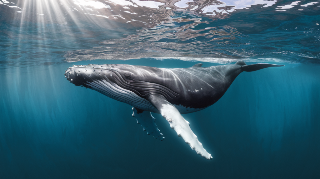 Baleine à bosse nageant seule dans les eaux turquoise transparentes, photographiée sous l'eau dans un style ultra-réaliste