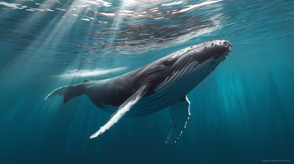 Baleine à bosse nageant sous l'eau dans les eaux turquoise tropicales, vue de profil avec des rayons de soleil filtrant depuis la surface