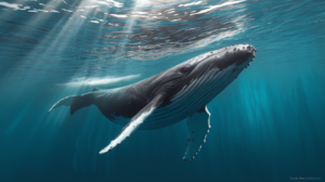 Baleine à bosse nageant sous l'eau dans les eaux turquoise tropicales, vue de profil avec des rayons de soleil filtrant depuis la surface