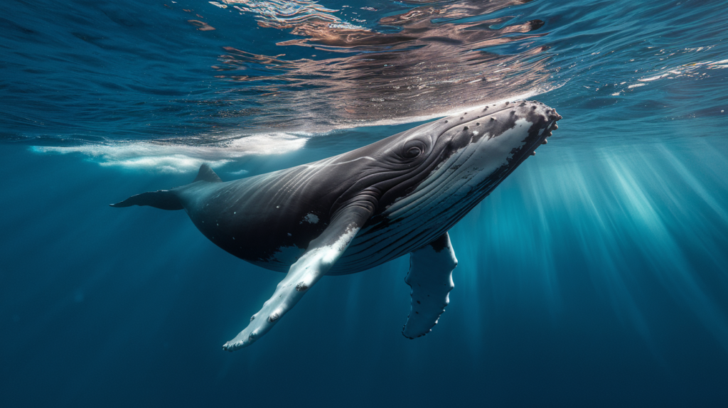 Baleine à bosse nageant seule dans des eaux tropicales turquoise avec des rayons de soleil filtrant à travers l'eau