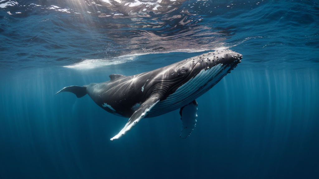 Baleine à bosse nageant seule dans les eaux bleues profondes de l'océan
